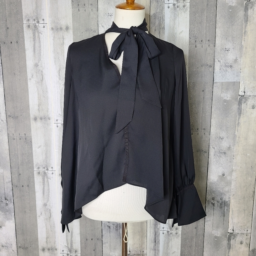 Misha Nonoo XS Black Tie Neck Pleated Back Blouse
